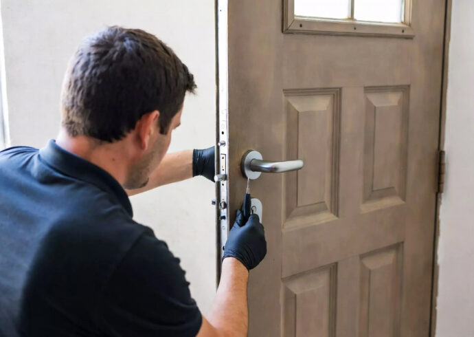 Un serrurier de dos ou de profil qui travaille sur une porte simple.