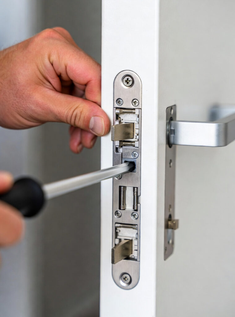 des mains d'un serrurier professionnel installant un cylindre de serrure